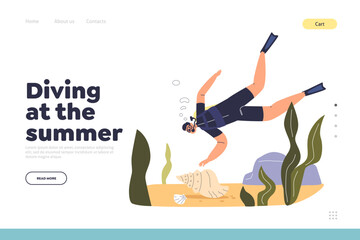 Summer diving concept of landing page with man practice dive at vacation on sea