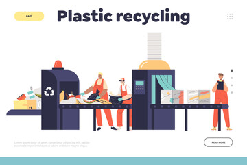 Plastic recycling concept of landing page with workers in uniform sort litter at garbage conveyor