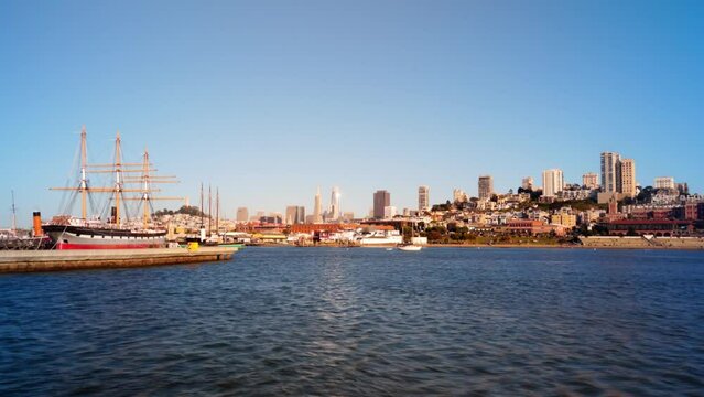 Time-lapse Shot Of Quite Port On Blue Sea Facing Cityscape Of  San Francisco, California