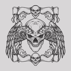 Devil skull horn wings with ornament line art design