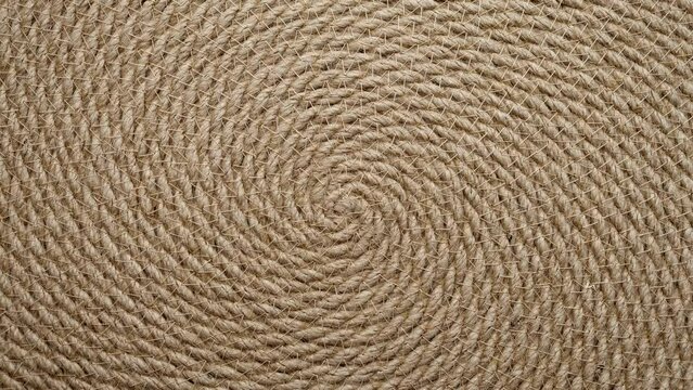 Jute braided spiral rug texture background clos-up. Macro brown vintage jute texture.