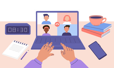 Video call, online conference. People using laptop for virtual communication. Group of colleagues or friends on computer screen have meeting. Hand drawn vector illustration, trendy flat cartoon style.