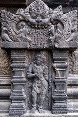 Detail ornament of Prambanan Temple. The temple is adorned with panels of narrative bas-reliefs telling the story of Hindu epic Ramayana and Bhagavata Purana. 