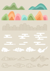 Vector illustration of Korean traditional mountain and cloud pattern. - obrazy, fototapety, plakaty