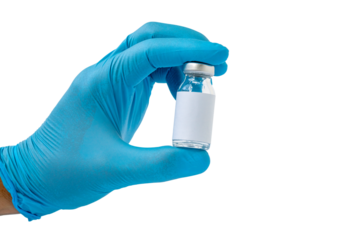 Doctor, nurse or scientist hand in blue nitrile gloves holding flu, measles, coronavirus vaccine