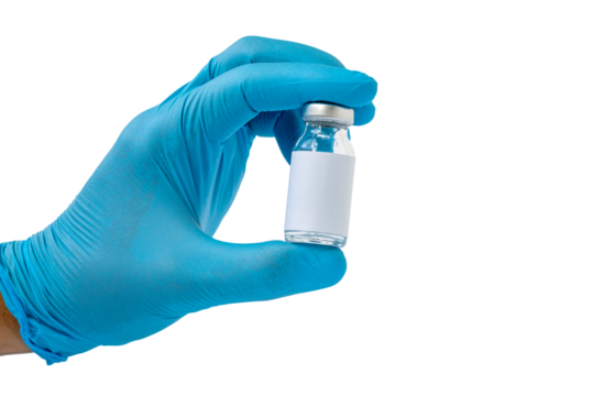 Doctor, nurse or scientist hand in blue nitrile gloves holding flu, measles, coronavirus vaccine