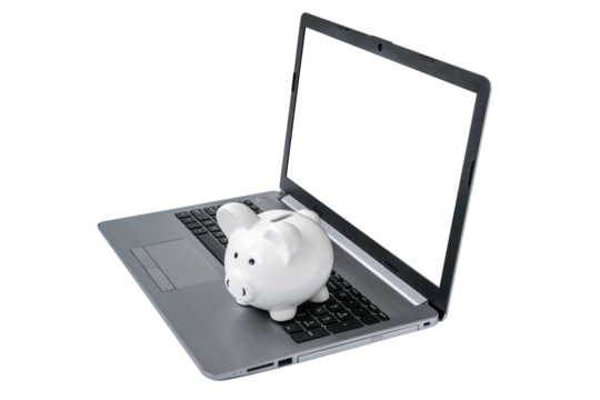 Piggy bank with laptop which means internet business concepts