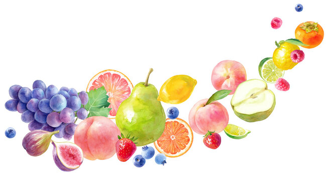 色々なフレッシュフルーツの水彩イラスト。流れるようなフルーツの集合。バナー装飾。（透過背景）