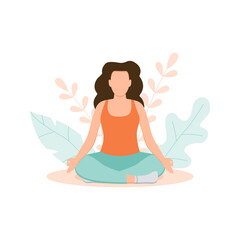 Girl sitting in nature and meditating. Illustration for yoga, meditation, posters, cards.