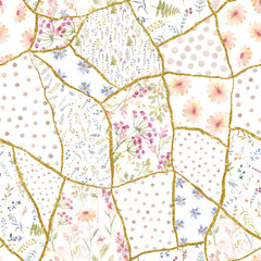 Beautiful vector seamless patchwork floral pattern with watercolor hand drawn flowers. Stock illustration.