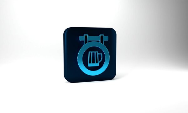Blue Street signboard with glass of beer icon isolated on grey background. Suitable for advertisements bar, cafe, pub, restaurant. Blue square button. 3d illustration 3D render