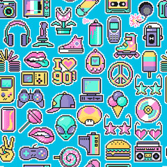 Retro 90s seamless pattern. Vector background in flat pixel design.
