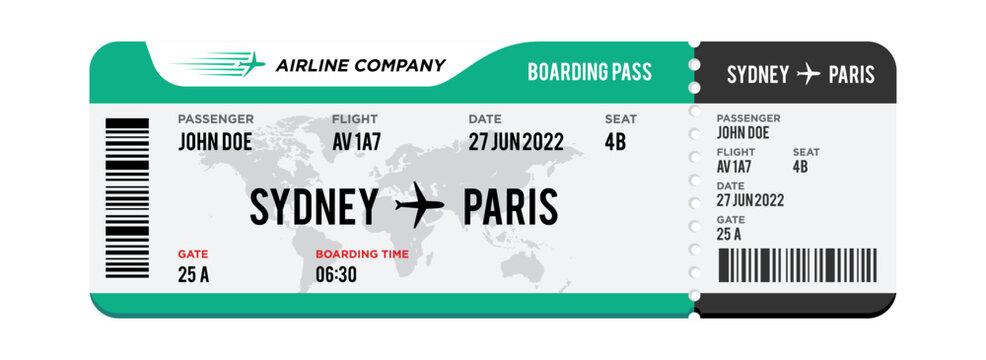 Green and white Airplane ticket design. Realistic illustration of airplane boarding pass with passenger name and destination. Concept of travel, journey or business trip. Isolated on white background