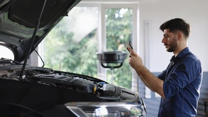 Specialist Inspecting Engine in Order to Find Broken Components. Shot for Animation of Car Service Manager Uses Tablet Computer with Futuristic Augmented Reality Diagnostics Software - Powered by Adobe
