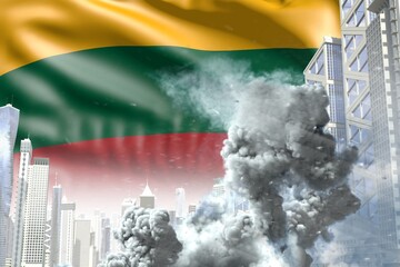 huge smoke column in abstract city - concept of industrial blast or terrorist act on Lithuania flag background, industrial 3D illustration
