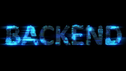 bokeh glitch electrical light cybernetic blue text BACKEND, isolated - object 3D illustration