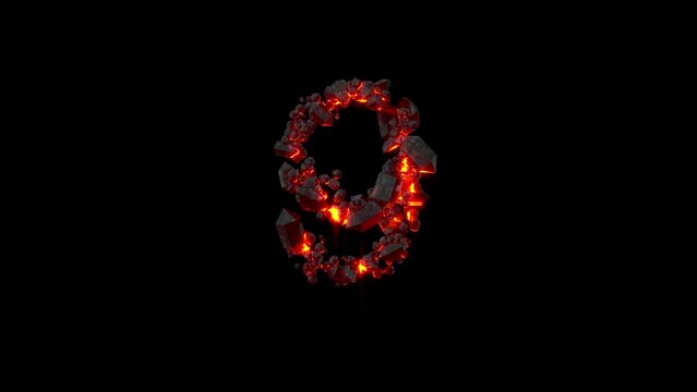crystal font - number 9 of shining dark magma stones, isolated - loop video
