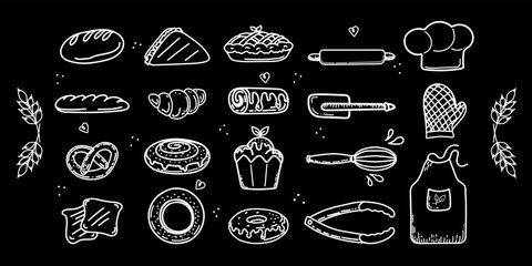 A set of kitchen utensils and baked goods. Hand-drawn doodle elements in sketch style. Chef's hat, apron and gloves. Dough tools: rolling pin, spatula, whisk and tongs. Vector simple illustration.