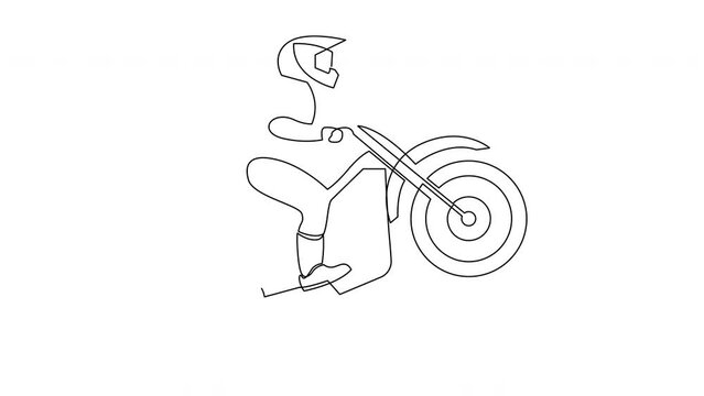 Self drawing animation of one line motocross rider climb mound of land at race track. Animated extreme sport concept. 4K