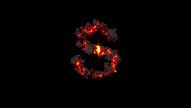 crystal font - letter S of shining dark lava stones, isolated - loop video