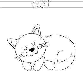 Trace the letters and color cat. Handwriting practice for kids.