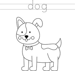 Trace the letters and color dog. Handwriting practice for kids.