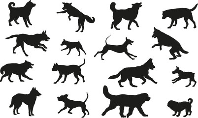 Group of dogs various breed. Black dog silhouette. Running, standing, walking, jumping dogs. Isolated on a white background. Pet animals. Vector illustration.