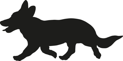 Black dog silhouette. Running pembroke welsh corgi puppy. Pet animals. Isolated on a white background. Vector illustration.