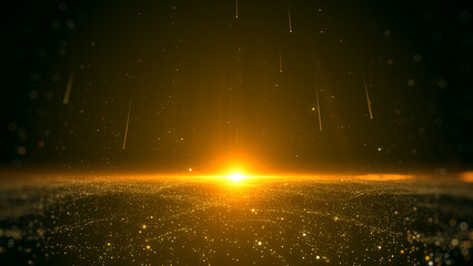 Gold burst light, dust particles and shooting star elegance abstract background.