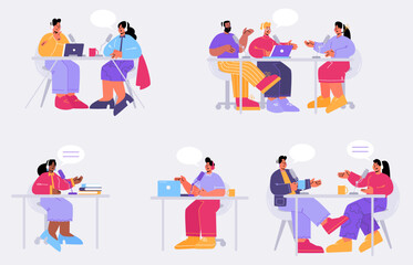 Fototapeta premium People record audio podcast in studio, take interview for radio broadcast. Vector flat illustration of characters in headphones with microphones talk in online stream