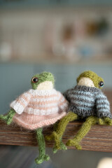 two knitted frogs on the table