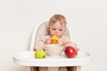 Horizontal shot of adorable infant baby wearing beige sweater sitting in a child's chair, isolated on a white background, toddler kid drinking water, looking and touching red apple.