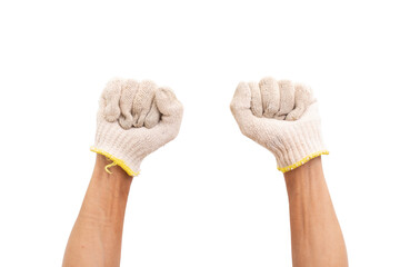 Hand wearing cotton glove isolated