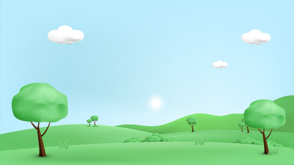 3d landscape mountain and hills illustration with 3d trees, cloud and sun. vector illustration.