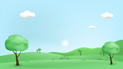Fototapeta premium 3d landscape mountain and hills illustration with 3d trees, cloud and sun. vector illustration.