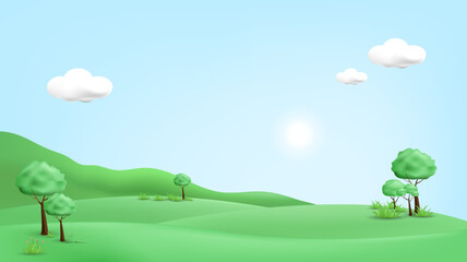 3d landscape mountain and hills illustration with 3d trees, cloud and sun. vector illustration.