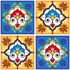 Mexican talavera ceramic tile vector seamless pattern with flowers, hearts and swirls inspired by folk art from Mexico
