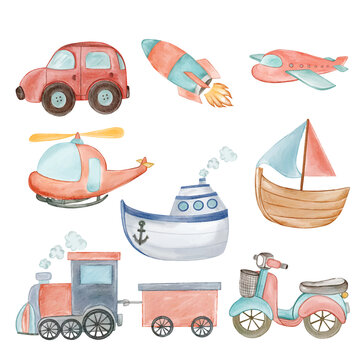 set of various of transportation watercolor illustration collection
