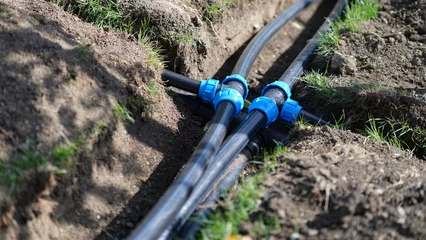 Fotobehang Installed PVC water pipes in trench at summer cottage © H_Ko
