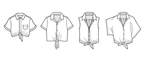 womens blouse flat sketch vector illustration front tie knot shirt blouse technical cad drawing. © SQB Creation 