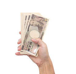 Man hand holding 10000 Japanese Yen banknote