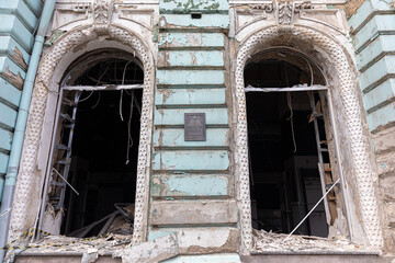 Destroyed building in historical downtown in Kharkiv