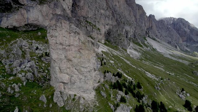Aerial of Pieralongia Stone in Seceda in Dolomites