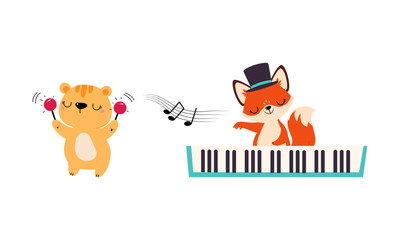 Set of cute animals playing musical instruments set. Baby bear and tiger playing maracas and piano cartoon vector illustration
