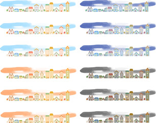 季節、時間の違う街並みのイラスト素材