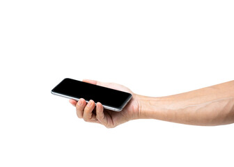 Hand holding mobile phone isolated