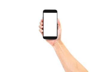 Hand holding mobile phone isolated