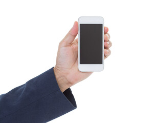 Hand holding mobile phone isolated