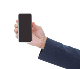 Hand holding mobile phone isolated