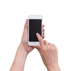 Hand holding mobile phone isolated